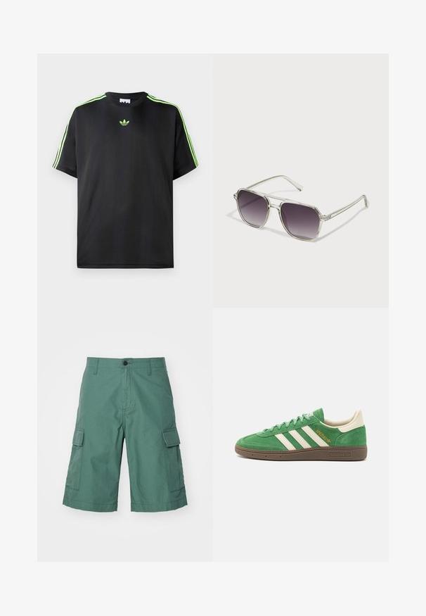 Black T-shirt made of smooth fabric with a crew neckline, featuring three green stripes on the shoulders and a small green logo on the chest.; Green cargo shorts made from textured fabric, featuring two side pockets and a front button closure. Ends above the knee with stitched hem.; Green suede sneaker with white three-stripe design, cream accents, and brown textured sole. "SPEZIAL" embroidered in gold on the side.; Clear-framed sunglasses with a square shape and gradient gray lenses. Slim silver accents on the temples add detail.