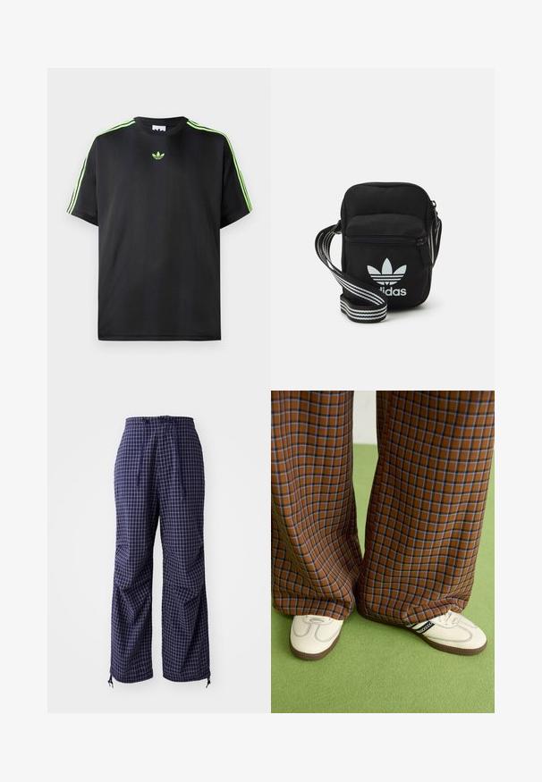 Svart t-skjorte laget av glatt stoff med rund hals, med tre grønne striper på skuldrene og en liten grønn logo på brystet.; Marine-rutete bukser med løs pasform, snor i taljen, elastiske manchetter og en let stof struktur. Har små knude accenter.; Brune og blå rutete vide bukser sammen med hvite sko med svarte detaljer og teksturerte såler, satt mot en grønn bakgrunn.; Svart stoff crossbody veske med glidelås, med en hvit Adidas-logo og enstripet justerbar stropp for enkel bæring.