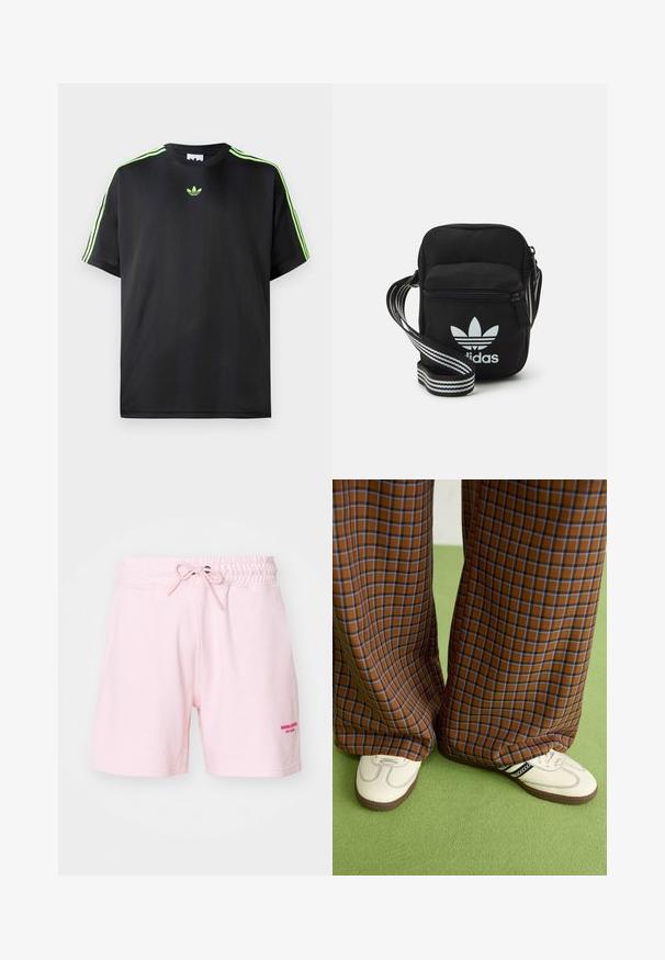 T-shirt nera in tessuto liscio con scollatura a girocollo, caratterizzata da tre strisce verdi sulle spalle e un piccolo logo verde sul petto.; Shorts in cotone rosa chiaro con vita elasticizzata e cordoncino. Presentano del testo ricamato in rosa scuro sulla parte anteriore destra.; Pantaloni a pieghe larghi a quadri marroni e blu abbinati a scarpe bianche con dettagli neri e suole testurizzate, posizionati su uno sfondo verde.; Borsa a tracolla in tessuto nero con chiusura a zip, caratterizzata da un logo Adidas bianco e una tracolla regolabile a righe per un facile trasporto.