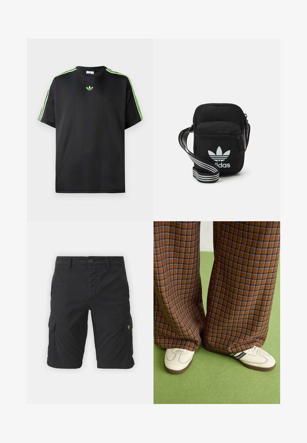 Mustade särk, mis on valmistatud siledast kangast, ümmarguse kaelusega, millel on kolm roheline triipu õlgadel ja väike roheline logo rinnal.; Mustad mustad šortsid, mis on valmistatud puuvilla segust, küljetaskudega, nööbiga kinnitamisega ja vasakul taskul oleva väikese kollase logoga.; Pruunide ja siniste ruuduliste laiad püksid, mille juurde on kombineeritud valged kingad mustade aktsentidega ja tekstuursete taldadega, roheline taust.; Mustmust värvi risti koti, millel on tõmblukuga sulgemine, valge Adidas'i logo ja triibuline reguleeritav rihm mugavaks kandmiseks.