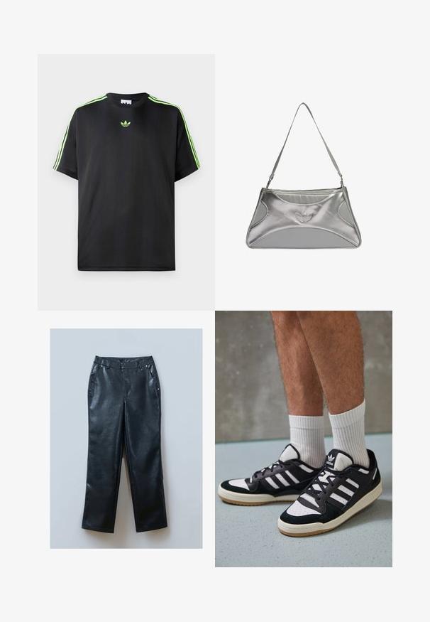 Schwarzes T-Shirt aus glattem Stoff mit Rundhalsausschnitt, das drei grüne Streifen auf den Schultern und ein kleines grünes Logo auf der Brust zeigt.; Schwarze Kunstlederhosen mit geradem Schnitt, ausgestattet mit Gürtelschlaufen, Fronttaschen und Akzenten in silberner Farbe. Glatte Textur.; Schwarz-weiße Sneaker mit einem Obermaterial aus Wildleder und Leder, ausgestattet mit drei weißen Streifen, einer perforierten Zehenpartie und einer Sohle aus Gummi.; Silberne metallische Handtasche mit einem schlanken, strukturierten Design, das einen strukturierten Körper, einen Schultergurt und ein geprägtes Logo-Detail aufweist.