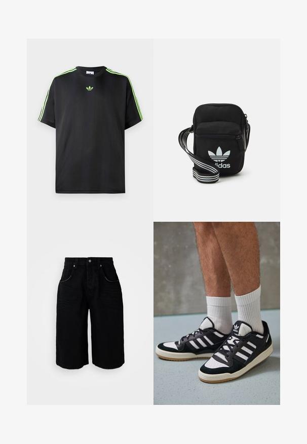 Melnā T-krekls, kas izgatavots no gludas auduma ar apaļu kakla izgriezumu, ar trim zaļām svītrām uz pleciem un mazu zaļu logo uz krūškurvja.; Melni denimi šorti ar taisnu kāju dizainu, pieci kabatas, metāla pogas aizdare un smalka tekstūra. Malu apdare ir veikta ar tīru griezumu.; Melnas un baltas kedas ar zamša un ādas augšdaļu, kas aprīkotas ar trim baltām svītrām, perforētu purngali un gumijas zolēm.; Melna auduma crossbody soma ar rāvējslēdzēja aizdari, kurai ir balts Adidas logo un svītrainas regulējamas siksnas ērtiem pārvietošanās veidiem.