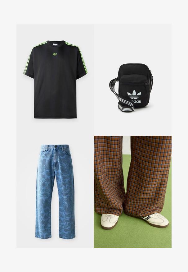T-shirt nera in tessuto liscio con scollatura a girocollo, caratterizzata da tre strisce verdi sulle spalle e un piccolo logo verde sul petto.; Jeans in denim azzurro chiaro con un elegante motivo floreale tono su tono, taglio a gamba larga, design a cinque tasche e chiusura con bottone in vita.; Pantaloni a pieghe larghi a quadri marroni e blu abbinati a scarpe bianche con dettagli neri e suole testurizzate, posizionati su uno sfondo verde.; Borsa a tracolla in tessuto nero con chiusura a zip, caratterizzata da un logo Adidas bianco e una tracolla regolabile a righe per un facile trasporto.