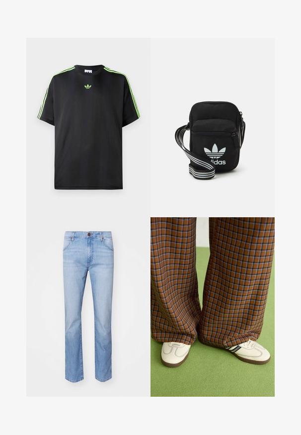 Fekete póló sima anyagból, kerek nyakkivágással, három zöld csíkkal a vállakon és egy kis zöld logóval a mellkason.; Világoskék farmernadrág, egyenes szabással, elöl zsebekkel, gombos záródással és finom kopásokkal.; Barna és kék kockás, bőrt lábú nadrág, fehér cipővel, fekete részletekkel és texturált talppal, zöld háttér előtt.; Fekete anyagú, keresztpántos táska cipzáras záródással, fehér Adidas logóval és csíkos állítható pánttal a könnyű hordozás érdekében.
