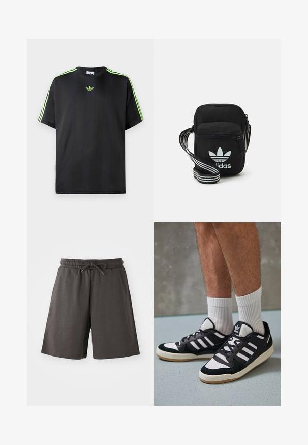 Mustat T-paita, joka on valmistettu sileästä kankaasta ja jossa on pyöreä kaula-aukko. Paidassa on kolme vihreää raitaa olkapäissä ja pieni vihreä logo rinnassa.; Tummanharmaat shortsit, jotka on valmistettu pehmeästä kankaasta. Niissä on joustava vyötärö, säädettävä nyöri ja polven pituinen mitta. Tasainen pinta, ei kuvioita.; Valkoiset ja mustat tennarit, joissa on mokkanahka- ja nahkapäällinen, kolme valkoista raitaa, rei'itetty kärki ja kumipohja.; Musta kangas olkalaukku vetoketjulla, jossa on valkoinen Adidas-logo ja raidallinen säädettävä hihna helppoa kantamista varten.
