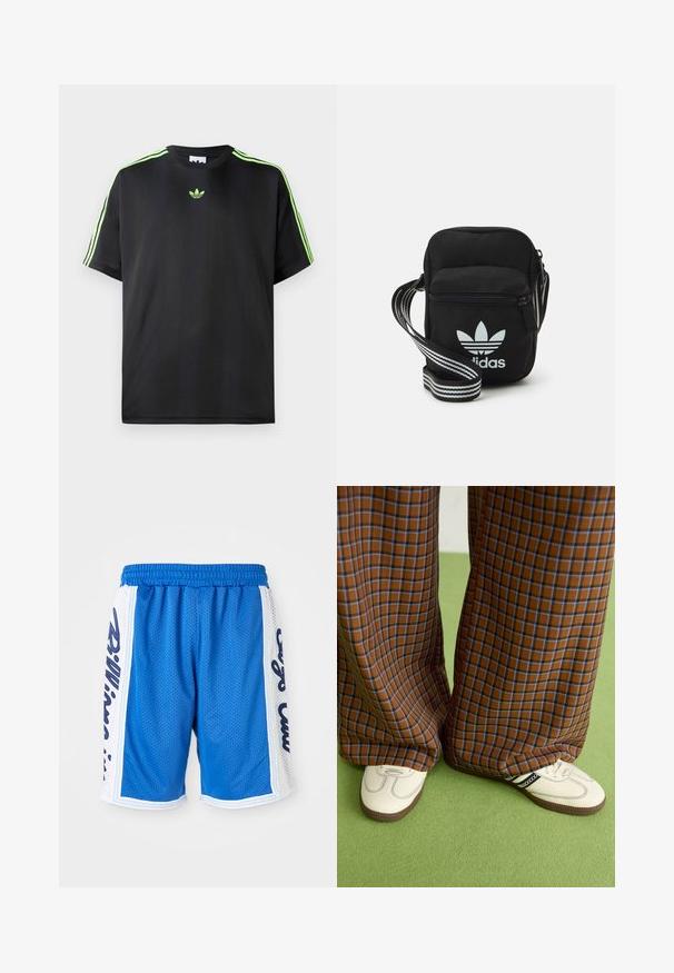 Tricou negru dintr-un material fin, cu guler rotund, având trei dungi verzi pe umeri și un mic logo verde pe piept.; Șorturi atletice din plasă albastră, cu un talie elastică, având panouri laterale albe și detalii cu litere negre pe ambele părți.; Pantaloni largi cu carouri maro și albastru, asociați cu pantofi albi cu accente negre și tălpi texturate, împotriva unui fundal verde.; Geantă de umăr din material textil negru, cu închidere cu fermoar, având un logo Adidas alb și o curea ajustabilă cu dungi pentru o transportare ușoară.