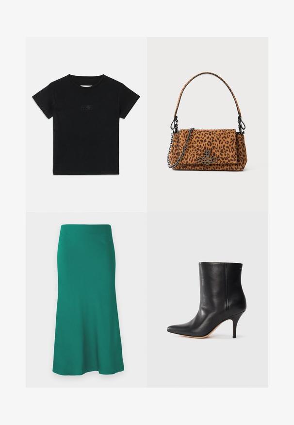 Tricou din bumbac negru, cu mâneci scurte, decolteu rotund și un mic imprimeu grafic într-o nuanță mai deschisă pe față.; O fustă verde, până la genunchi, confecționată dintr-un material neted, având un tiv evazat și o talie ajustată. Fără modele vizibile sau detalii metalice.; Botină neagră din piele cu vârf ascuțit, toc subțire de tip stiletto și textură netedă. Design minimalist fără hardware sau accente vizibile.; Geantă de mână cu imprimeu leopard, realizată din suede, cu o mânere scurtă, un curea din lanț și un închizător din metal negru. Formă rectangulară cu închidere prin clapetă.