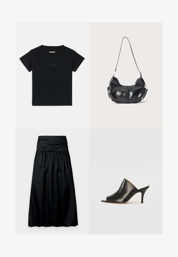 Schwarzes Baumwoll-T-Shirt mit kurzen Ärmeln, Rundhalsausschnitt und einem kleinen Grafikdruck in einem helleren Farbton auf der Vorderseite.; Schwarzer, midilanger Rock mit gerafftem Design aus glattem Material. Verfügt über einen breiten, gerafften Bund oben.; Schwarze Leder- offene Zehen-Mules mit einem eleganten, geschwungenen Design, hohem Stiletto-Absatz und glatter Textur. Das Innere weist eine kontrastierende hellere Farbe auf.; Schwarze lederne, mondförmige Schultertasche mit silbernen Reißverschlüssen auf beiden Seiten und einem einzigen Trageriemen.