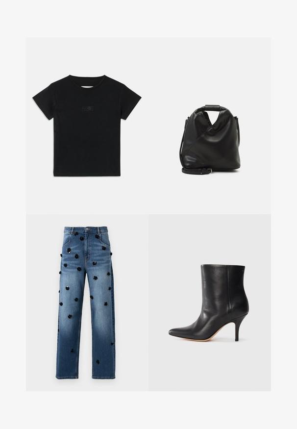 Schwarzes Baumwoll-T-Shirt mit kurzen Ärmeln, Rundhalsausschnitt und einem kleinen Grafikdruck in einem helleren Farbton auf der Vorderseite.; Jeans aus Denim mit geradem Bein, mittlerem Blauton und schwarzen Pailletten-Blütenapplikationen, die über den Stoff verteilt sind.; Schwarze Leder-Ankle Boots mit spitzem Zeh, schlankem Stiletto-Absatz und glatter Textur. Minimalistisches Design ohne sichtbare Beschläge oder Akzente.; Schwarze, weiche Ledertasche mit einem einzigartigen verdrehten Design. Hat einen kurzen Griff und einen abnehmbaren Schultergurt. Minimalistischer Stil.