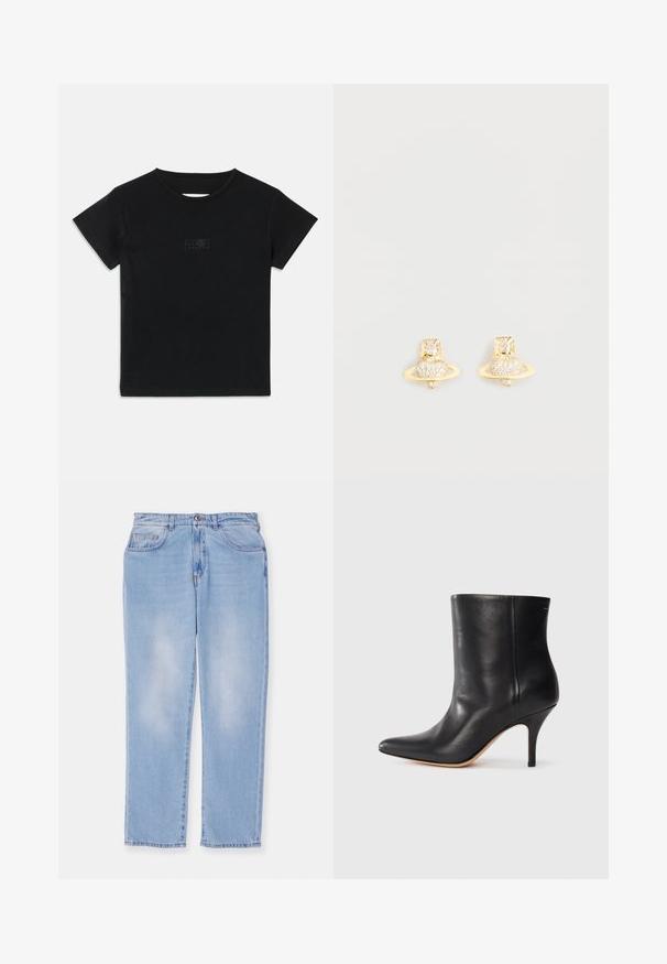 Černé bavlněné tričko s krátkým rukávem, kulatým výstřihem a malým grafickým potiskem ve světlejším odstínu na přední straně.; Světlé modré džíny z denimu s rovnými nohavicemi, které mají pět kapes, zapínání na knoflík a zip a minimální vyblednutí.; Černá kožená kotníková bota s špičatou špičkou, štíhlým jehlovým podpatkem a hladkým povrchem. Minimalistický design bez viditelného hardwaru nebo akcentů.; Náušnice s pozlacenými cvoky ve tvaru Saturnu, s texturovaným páskem a vsazenými kulatými krystaly pro zvýraznění třpytu.