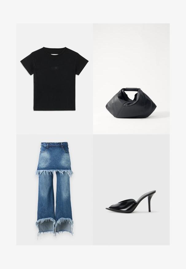 Juodas medvilnės marškinėliai su trumpomis rankovėmis, apvaliu iškirpimu ir maža grafika šviesesnėje atspalvyje priekyje.; Džinsinio sijono-kelnių hibridas, šviesiai mėlynos iki tamsiai mėlynos spalvos, žaliavas hemų su nubyrėjusiais kraštais, penki kišenės, standartinė juosmeninė dalis, plati kojos siluetas.; Juodos odinės aukštakulnės mules su atvira pirštine, smailiu dizainu, lygiu paviršiumi ir plonu stiletto kulnu.; Juodas odinis krepšys su tekstūruotu paviršiumi, unikalios susiraukšlėjusios formos ir trumpu rankena. Yra vienas pagrindinis skyrius.