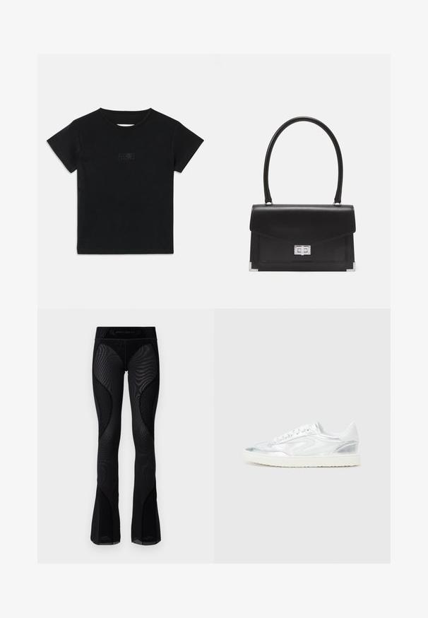 Melna kokvilnas T-kreklu ar īsām piedurknēm, apaļu dekoltē un nelielu grafisku attēlu gaišākā krāsā priekšpusē.; Melna acs flared leggingi ar teksturētu detaļu un rakstainiem ieliktņiem. Iekļauj augstu jostasvietu ar zīmola logo augšdaļā.; Bāli balti sporta apavi ar metālisku sudraba akcentu, gluda tekstūra, apaļš purngalis, plakana zole un tradicionāls saistīšanas dizains.; Melna ādas rokassoma ar strukturētu dizainu, augšējo rokturi un sudraba sprādzi. Iekļauj stūru akcentus un gludu tekstūru.