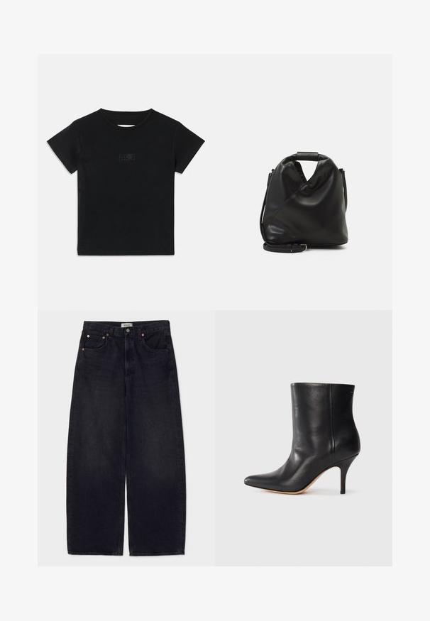 Fekete pamut póló rövid ujjakkal, kerek nyakkivágással és elöl egy kisebb, világosabb árnyalatú grafikával.; Agolde LOW CURVE - Laza szabású farmerek - black tar; Fekete bőr bokacsizma hegyes orral, karcsú tűs sarkal és sima textúrával. Minimális dizájn, látható fémrészek vagy díszítések nélkül.; Fekete, puha bőr táska egyedi csavaros dizájnnal. Rövid fogantyúval és levehető vállpánttal rendelkezik. Minimalista stílusú.