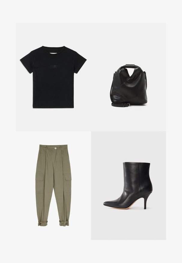 Fekete pamut póló rövid ujjakkal, kerek nyakkivágással és elöl egy kisebb, világosabb árnyalatú grafikával.; Olive zöld cargo nadrág, puha anyagból készült, két elülső zsebbel, redőzött kialakítással és állítható csatokkal ellátott szárakkal.; Fekete bőr bokacsizma hegyes orral, karcsú tűs sarkal és sima textúrával. Minimális dizájn, látható fémrészek vagy díszítések nélkül.; Fekete, puha bőr táska egyedi csavaros dizájnnal. Rövid fogantyúval és levehető vállpánttal rendelkezik. Minimalista stílusú.