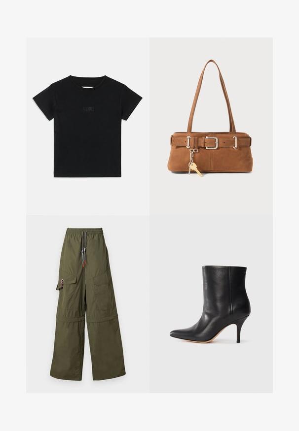 Must mustaga T-särk lühikeste varrukatega, ümar kaelus ja ees väikese heledama varjundiga graafiline trükk.; Roheline laiade jalgadega cargo püksid, valmistatud kergest materjalist. Neil on elastne vöökoht, mitmed taskud ja silmapaistvad nööridetalid.; Must musta jalatsid terava ninaga, õhukese stiletto kontsaga ja siledast nahast. Minimalistlik disain ilma nähtava riistvarata või aksessuaarideta.; Pruun suede käekott struktureeritud kujuga, hõbedatooni riistvara, kaks õlapaela ja dekoratiivne võtmehoidja külge kinnitatud.