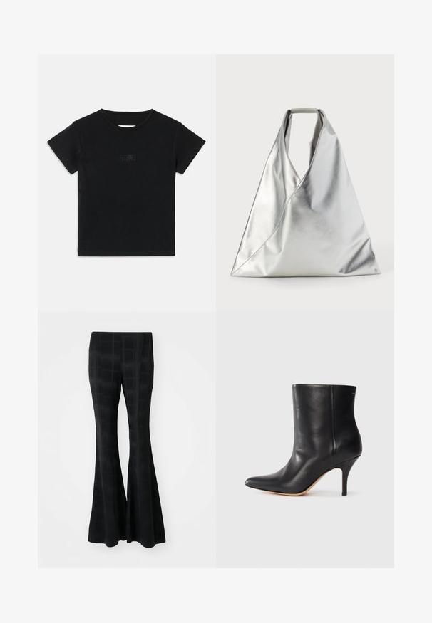 Schwarzes Baumwoll-T-Shirt mit kurzen Ärmeln, Rundhalsausschnitt und einem kleinen Grafikdruck in einem helleren Farbton auf der Vorderseite.; Schwarze, ausgestellte Hosen aus einem glatten Material mit einem karierten Muster, das eine feine Textur und eine maßgeschneiderte Passform erzeugt.; Schwarze Leder-Ankle Boots mit spitzem Zeh, schlankem Stiletto-Absatz und glatter Textur. Minimalistisches Design ohne sichtbare Beschläge oder Akzente.; MM6 Maison Margiela CLASSIC JAPANESE HANDBAG - Handtasche - silver-coloured