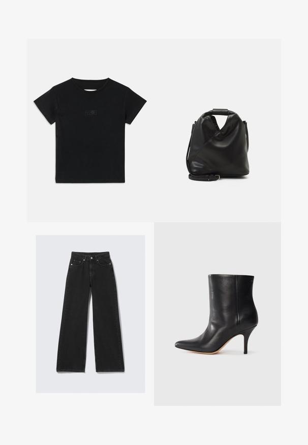 Fekete pamut póló rövid ujjakkal, kerek nyakkivágással és elöl egy kisebb, világosabb árnyalatú grafikával.; Széles szárú fekete farmernadrág, karcsú derékrésszel, strapabíró anyagból, elülső zsebekkel és aranyszínű fém részletekkel.; Fekete bőr bokacsizma hegyes orral, karcsú tűs sarkal és sima textúrával. Minimális dizájn, látható fémrészek vagy díszítések nélkül.; Fekete, puha bőr táska egyedi csavaros dizájnnal. Rövid fogantyúval és levehető vállpánttal rendelkezik. Minimalista stílusú.