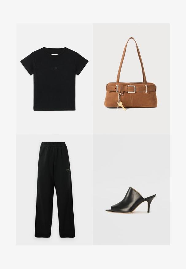 Juodas medvilnės marškinėliai su trumpomis rankovėmis, apvaliu iškirpimu ir maža grafika šviesesnėje atspalvyje priekyje.; Juodos sportinės kelnės, pagamintos iš minkštos medžiagos, su laisvu kirpimu, elastinga juosmens juosta ir mažais baltais atspaudo logotipais šone.; Juodas odinis atviras mules batelis su elegantišku, kreiviu dizainu, aukštu stiletto kulnu ir lygiu paviršiumi. Vidus turi kontrastingą šviesią spalvą.; Ruda zomšinė rankinė su struktūrine forma, sidabro spalvos detalės, dvi petnešos ir dekoratyvinis raktų pakabukas.