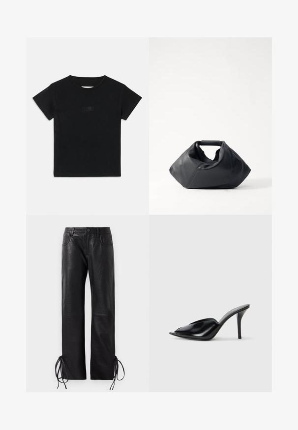 T-shirt nera in cotone a maniche corte, con scollatura rotonda e una piccola stampa grafica in una tonalità più chiara sul davanti.; Pantaloni in pelle nera con una finitura leggermente strutturata, taglio dritto e lacci regolabili all'orlo per una vestibilità personalizzabile.; Mule nere in pelle con tacco alto, punta aperta, design affusolato, texture liscia e tacco stiletto sottile.; Borsa in pelle nera con un esterno texture, forma stropicciata unica e manico corto. Presenta un unico scomparto principale.