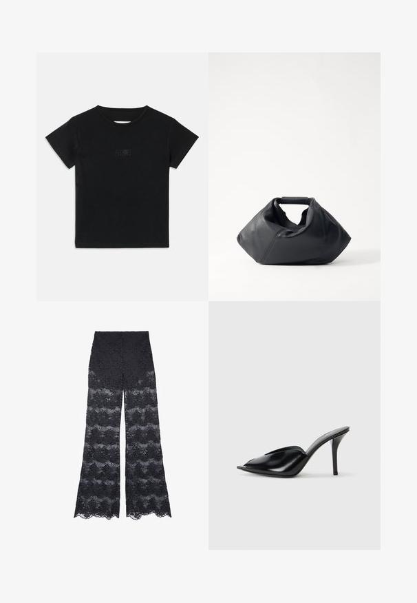 T-shirt en coton noir à manches courtes, col rond et un petit imprimé graphique dans une teinte plus claire sur le devant.; Pantalons larges en dentelle noire avec un design à motifs floraux et des bords ondulés, offrant une texture transparente tout au long.; Mules à talons hauts en cuir noir, avec un design à bout ouvert, pointu, texture lisse et un fin talon aiguille.; Sac en cuir noir avec un extérieur texturé, une forme froissée unique et une courte poignée. Dispose d'un seul compartiment principal.