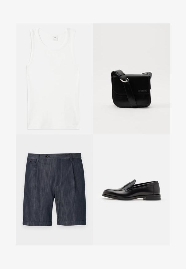 Balta kokvilnas t-krekla bez piedurknēm ar apaļu izgriezumu. Gluda struktūra un taisna griezuma forma, bez rakstiem vai rotājumiem.; Tumši zili šorti, kas izgatavoti no teksturētas auduma, ar salocītu apakšmalu, frontālām krokām un vienu pogu aizdari jostasvietā.; Melnas ādas kurpes ar gludu tekstūru, noapaļu purngalu un dekoratīvu siksniņu pāri priekšpusei. Zems sakrauts papēdis, minimālisma dizains.; WANT Les Essentiels ARCH CROSSBODY UNISEX - Soma ar siksnu pāri ķermenim - black