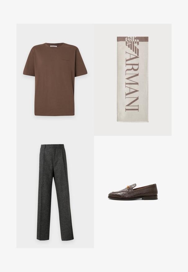 Bruine katoenen t-shirt met ronde hals, korte mouwen en een klein logo op de voorkant gedrukt. Vlakke stofstructuur, casual fit.; Grijze op maat gemaakte broek van gestructureerde stof, met twee voorplooien en een rechte pijp. Geen zichtbare zakken of versieringen.; Donkerbruin leren instapper met krokodillenpatroon, gouden metalen gesp en lage gestapelde hak, zijaanzicht op witte achtergrond.; Beige sjaal met het "ARMANI" logo in bruin. Rectangulaire vorm met een zachte textuur en franjes aan de randen. Minimalistisch ontwerp, hoogwaardige materialen.