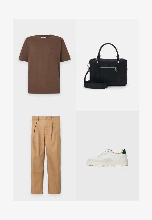 Ruskea puuvillapaita, jossa on pyöreä kaula-aukko, lyhyet hihat ja pieni logo painettuna eteen. Tasainen kankaan rakenne, rento istuvuus.; Vaaleanruskeat puuvillahousut, joissa on rento istuvuus, pleatattu muotoilu, nappikiinnitys vyötäröllä ja suorahko lahje. Silkkinen tekstuuri ilman kuvioita.; Valkoiset tennarit, joissa on nahkaosia, pyöreä kärki, tasaiset nauhat ja kermaisa kumi-pohja. Takana vihreä brändäys.; Mustakosketin kankaidakka, jossa on kaksi kahvaa, irrotettava olkahihna, etupuolella vetoketjullinen tasku ja hopeiset varusteet.