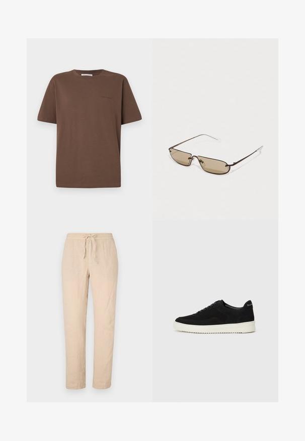 Brun bomull T-skjorte med rund hals, korte ermer og en liten logo trykt på forsiden. Flat tekstur, avslappet passform.; Beige linbukser med snor i taljen, lige ben og en blød, tekstureret overflade. Har to sidelommer og minimal syning.; Svart semsket sneakers med snøring og kontrasterende hvit gummisåle. Har teksturerte sidepaneler og subtil merkevare på hælen.; Brune metalliske rektangulære solbriller med brune tette linser og tynne, klare tempeltipper, med et minimalistisk design og subtil merkevare.
