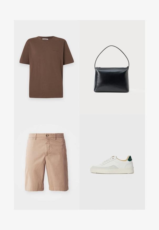 T-shirt en coton marron avec un col rond, des manches courtes et un petit logo imprimé sur le devant. Texture de tissu lisse, coupe décontractée.; Shorts en coton beige avec une coupe droite, présentant une fermeture à bouton à l'avant et des passants de ceinture. Texture lisse avec des détails de couture minimalistes.; Baskets blanches avec des accents en daim, bout arrondi, lacets plats et semelle en caoutchouc crème. Présente une marque verte sur le talon.; Sac à main en cuir lisse noir avec une seule poignée courbée et fermeture à glissière sur le dessus, présenté sur un fond blanc uni.