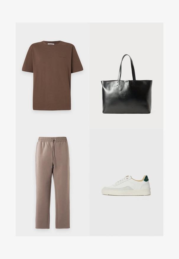 Rjava bombažna majica s krožnim izrezom, kratkimi rokavi in majhnim logotipom, natisnjenim spredaj. Ravna tekstura tkanine, sproščen kroj.; Rjave, srednje visoke trenirke iz mehkega materiala, opremljene z elastičnim pasom z vrvico, stranskimi žepi in ravnimi hlačnicami.; Bela trenerka z zaključki iz semiša, okroglo konico, ravne vezalke in kremna gumijasta podplata. Ima zeleno blagovno znamko na peti.; Črna gladka usnjena torba s pletenicama, pravokotne oblike in subtilnimi šivi na belem ozadju.