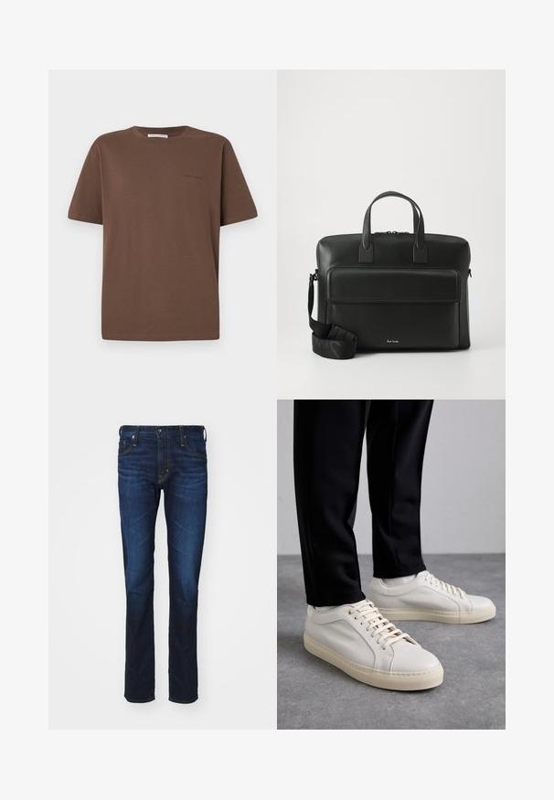 T-shirt de algodão castanho com decote redondo, mangas curtas e um pequeno logótipo impresso na frente. Textura de tecido lisa, ajuste casual.; AG Jeans TELLIS MODERN - Calças de ganga justas - viper; Tênis de couro bege claro com atacadores planos, uma superfície texturizada e uma sola de borracha creme contrastante, combinados com calças pretas ajustadas.; Malote em couro preto com duas alças superiores, um bolso frontal e uma alça destacável, apresentando uma marcação discreta na parte inferior.