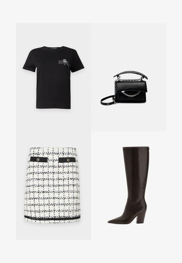 T-shirt nera a maniche corte in cotone. Presenta una grafica bianca con il testo "KARL" e una figura stilizzata sul petto. Collo rotondo.; Mini gonna in tweed bianco e nero, con motivo a griglia, dettagli neri, due tasche frontali e bottoni dorati.; Stivale alto in pelle marrone con punta affusolata e tacco a blocco. Presenta una texture liscia e una cerniera laterale per una facile calzata.; Borsa a mano nera in pelle con un design strutturato, dettagli in catena e manico, e una superficie testurizzata. Presenta una chiusura a pattina con il marchio visibile.