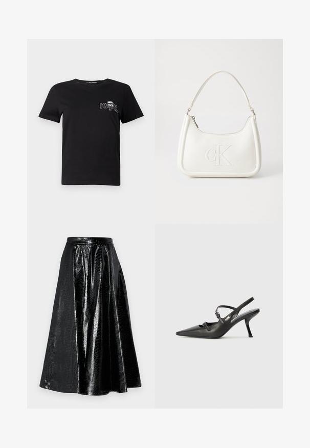 Svart kortermet t-skjorte laget av bomull. Har et hvitt grafisk trykk med teksten "KARL" og en stilisert figur på brystet. Rund hals.; Svart faux skinn skjørt med krokodillepræget tekstur, med en svingete design og folder, avsluttet med en glatt midjebånd.; Sorte skinn slingback-hæler med spiss tå, slank hæl og dekorativ spenne detalj på vampsiden. Glatt tekstur og stilrent design.; Hvit lærveske med en buet fasong, med et preget "CK"-logo på forsiden og en enkel skulderstropp. Glidelåslukking på toppen.