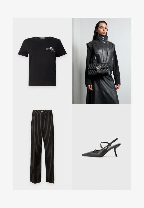 Černé triko s krátkým rukávem vyrobené z bavlny. Obsahuje bílou grafiku se textem "KARL" a stylizovanou postavou na hrudi. Kulatý výstřih.; Černé kalhoty s vysokým pasem, oranžovými vertikálními pruhy, rovného střihu a dekorativním knoflíkem potaženým látkou na pase.; Černé kožené lodičky na boku s špičatou špičkou, štíhlým podpatkem a dekorativní přezkou na nártu. Hladká textura a elegantní design.; Černá kožená vesta s vysokým límcem, zapínacími kapsami a černou prošívanou kabelkou s akcentem ze stříbrného hardwaru, nošena s dlouhou černou sukní.