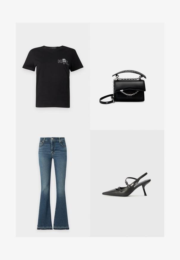 Lyhythihainen musta t-paita, joka on valmistettu puuvillasta. Paidassa on valkoinen graafinen kuvasto, jossa on teksti "KARL" ja tyylitelty hahmo rintamuksessa. Pyöreä pääntie.; Venyhousut keskitummassa sinisessä denimissä, joissa on korkea vyötärö, hillitty kuluminen, viisi taskua ja näkyvät tikkausdetaljit.; Mustat nahkaiset slingback-korkokengät, joissa on terävä kärki, hoikka korko ja koristeellinen solkityyny varpailla. Tasainen pinta ja tyylikäs muotoilu.; Musta nahkainen käsilaukku, jossa on rakenteellinen muotoilu, ketju- ja kahva-yksityiskohdat sekä teksturoitu pinta. Varustettu läpällä, jossa on näkyvä brändäys.