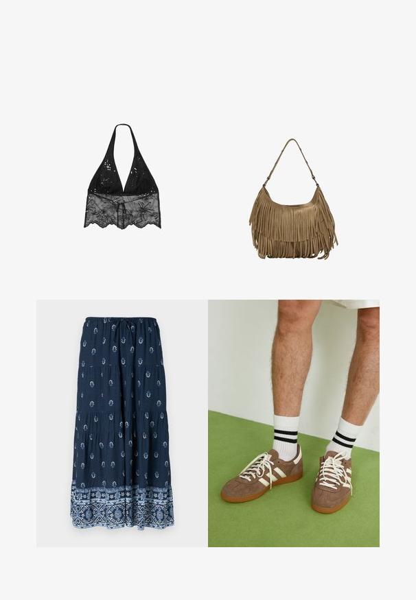 Stradivarius HALTER WITH EMBROIDERY - Bluza - black; Morsko modra maksi krila z elastičnim pasom in vrvico. Ima bele cvetlične vzorce in okrasen modri rob.; Rjavi semiš športni čevlji z belimi detajli in vezalkami. Gumijast podplat. Nošeni z belimi nogavicami z črnimi črtami. Zelena teksturirana talna obloga.; Rjava zamskasta torbica z dolgimi resicami, ukrivljenim oblikovanjem in enim naramnim trakom. Ima gladko, teksturirano površino.