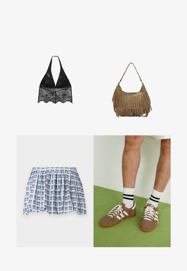Stradivarius HALTER WITH EMBROIDERY - Blúzka - black; Modrá a biela kockovaná sukňa s elastickým pásom a nariaseným dizajnom, s námorníckymi pruhmi vytvárajúcimi štruktúrovaný vzor.; Hnedé zamatové tenisky s bielymi akcentmi a šnúrkami. Gumová podrážka. Nosené s bielymi ponožkami so čiernymi pruhmi. Zelená textúrovaná podlaha.; Hnedá zamková kabelka s dlhými strapcami, zakriveným tvarom a jedným ramenným popruhom. Má hladký, textúrovaný povrch.