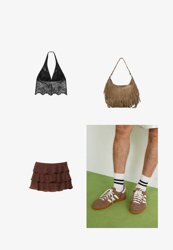 Stradivarius HALTER WITH EMBROIDERY  - Bluza - black; Rjava, večplastna krila s tremi nabranimi robovi, narejena iz lahkega materiala z cvetličnim vzorcem in metalnimi poudarki. Oblika običajnega pasu.; Rjavi semiš športni čevlji z belimi detajli in vezalkami. Gumijast podplat. Nošeni z belimi nogavicami z črnimi črtami. Zelena teksturirana talna obloga.; Rjava zamskasta torbica z dolgimi resicami, ukrivljenim oblikovanjem in enim naramnim trakom. Ima gladko, teksturirano površino.