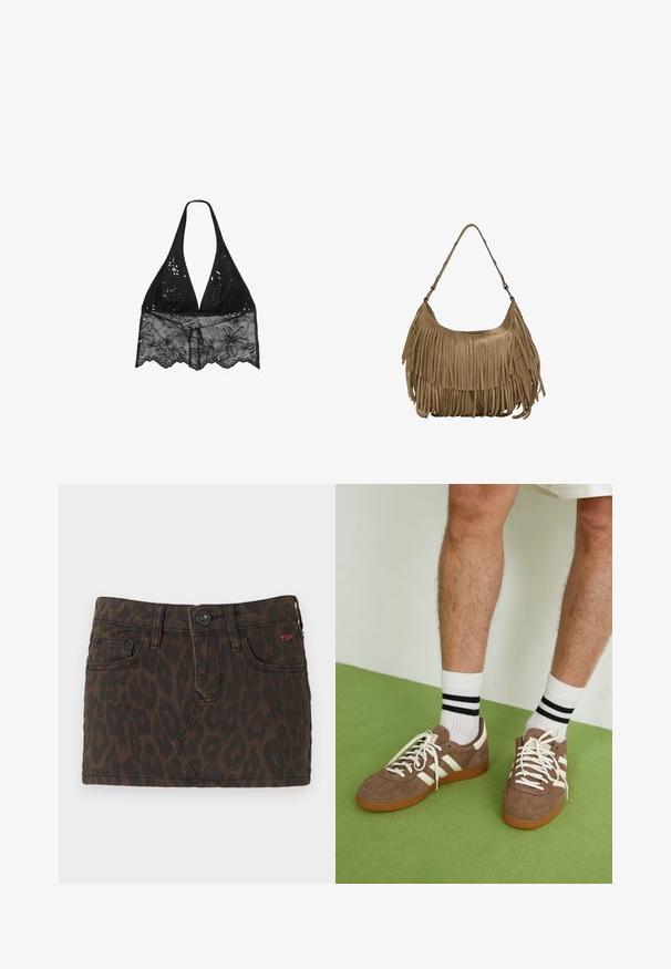 Stradivarius HALTER WITH EMBROIDERY - Pusero - black; Lyhyet farkuhame tummanruskeana, jossa on leopardikuvio, napin kiinnitys, vyölenkit ja etutaskut. Punainen logotunnus.; Ruske nahkate sneakerit valkoisilla korostuksilla ja nauhoilla. Kumi-gumipohja. Yhdistetty valkoisiin sukkiin, joissa on mustia raitoja. Vihreä teksturoitu lattia.; Ruskea mokkanahkainen käsilaukku, jossa on pitkät fringer yksityiskohdat, kaareva muoto ja yksi olkahihna. Pinta on sileä ja teksturoitu.