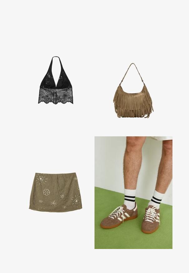 Stradivarius HALTER WITH EMBROIDERY - Blúzka - black; Olívovo zelená sukňa s priliehavým pásom, ozdobená striebornými korálkami v kvetinových a hviezdnych vzoroch, vytvárajúcimi textúrovaný povrchový dizajn.; Hnedé zamatové tenisky s bielymi akcentmi a šnúrkami. Gumová podrážka. Nosené s bielymi ponožkami so čiernymi pruhmi. Zelená textúrovaná podlaha.; Hnedá zamková kabelka s dlhými strapcami, zakriveným tvarom a jedným ramenným popruhom. Má hladký, textúrovaný povrch.