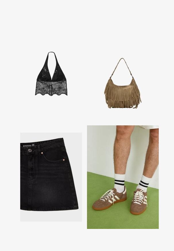 Stradivarius HALTER WITH EMBROIDERY - Bluza - black; Črna denim krila z visokim pasom, ki ima sprednji žep, bakrene zakovice in ravno krojenje. Tkanina ima gladko teksturo.; Rjavi semiš športni čevlji z belimi detajli in vezalkami. Gumijast podplat. Nošeni z belimi nogavicami z črnimi črtami. Zelena teksturirana talna obloga.; Rjava zamskasta torbica z dolgimi resicami, ukrivljenim oblikovanjem in enim naramnim trakom. Ima gladko, teksturirano površino.