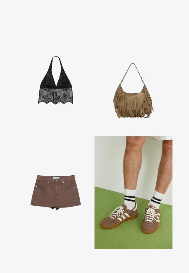 Stradivarius HALTER WITH EMBROIDERY - Pusero - black; Ruskea farkku mini hame, jossa on istuva vyötärö, viisi taskua, edessä napitus ja helma hiukan reiden puolivälin yläpuolella.; Ruske nahkate sneakerit valkoisilla korostuksilla ja nauhoilla. Kumi-gumipohja. Yhdistetty valkoisiin sukkiin, joissa on mustia raitoja. Vihreä teksturoitu lattia.; Ruskea mokkanahkainen käsilaukku, jossa on pitkät fringer yksityiskohdat, kaareva muoto ja yksi olkahihna. Pinta on sileä ja teksturoitu.