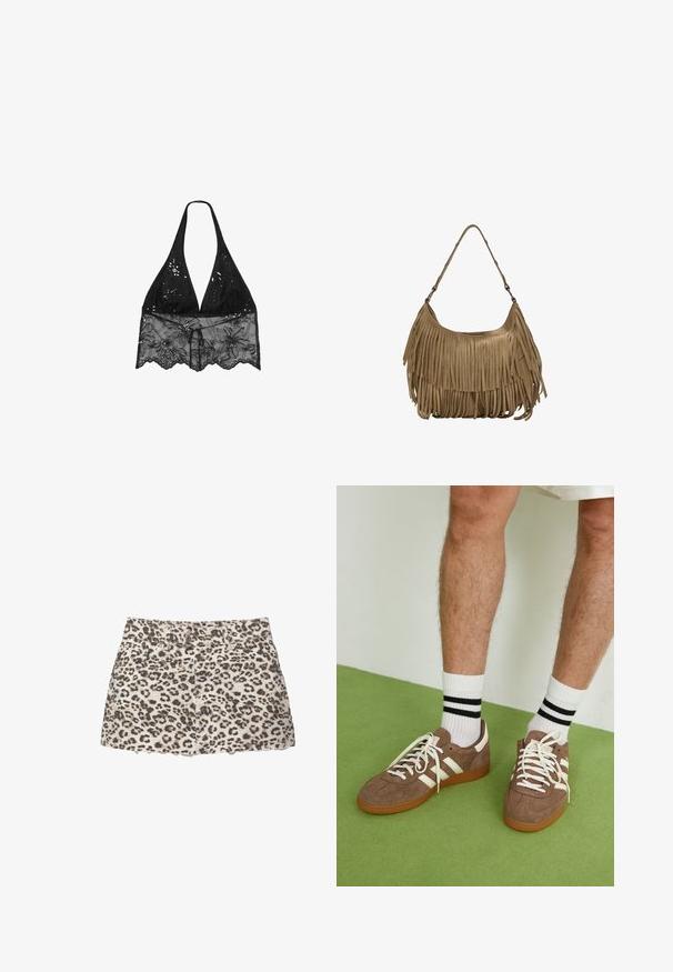 Stradivarius HALTER WITH EMBROIDERY - Blouse - black; Leopard print denim mini skirt with a frayed hem, featuring front pockets and a classic waistband with two metal buttons.; Brown suede sneakers with white accents and laces. Rubber gum sole. Worn with white socks featuring black stripes. Green textured flooring.; Brown suede handbag with long fringe details, a curved shape, and a single shoulder strap. Features a smooth, textured surface.
