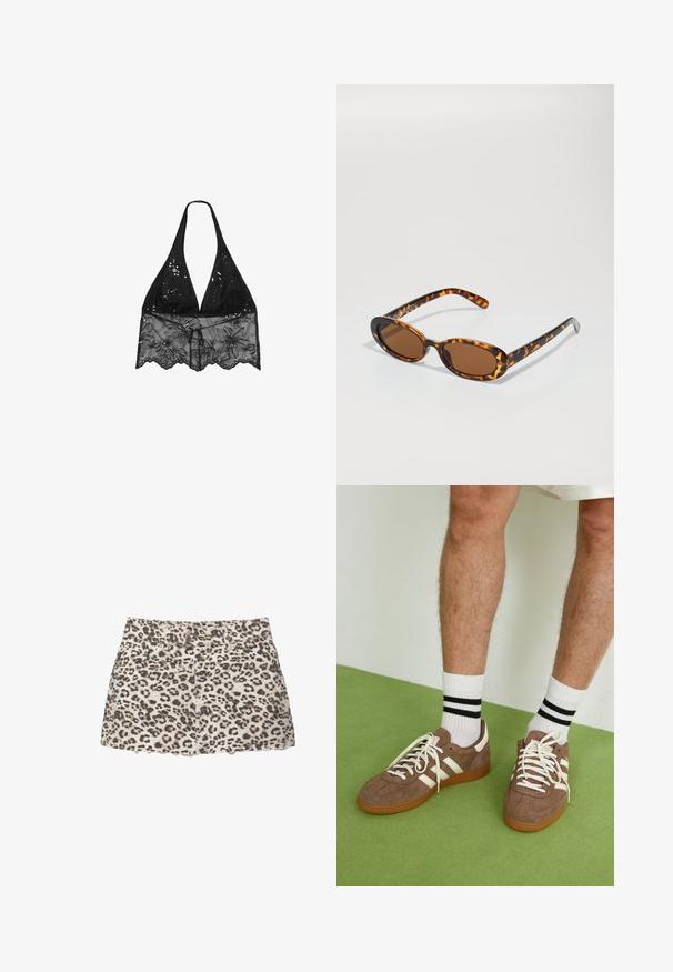 Stradivarius HALTER WITH EMBROIDERY  - Blouse - black; Mini-jupe en denim imprimé léopard avec un ourlet effiloché, dotée de poches avant et d'une ceinture classique avec deux boutons en métal.; Baskets en daim marron avec des accents et des lacets blancs. Semelle en caoutchouc gomme. Portées avec des chaussettes blanches à rayures noires. Sol texturé vert.; Lunettes de soleil en écaille de tortue avec des montures ovales, des verres marron et des branches noires fines présentant des accents de motif subtils.; Sac à main en daim marron avec des détails en franges longues, une forme incurvée et une seule bandoulière. Caractérisé par une surface lisse et texturée.