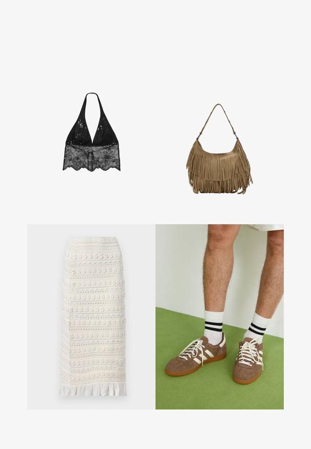 Stradivarius HALTER WITH EMBROIDERY - Camicetta - black; sandro JUPE MIDI DETAILS - Gonna a tubino - ecru; Sneaker in suede marrone con dettagli e lacci bianchi. Suola in gomma color gomma. Indossati con calzini bianchi con righe nere. Pavimento verde texturizzato.; Borsa a tracolla in suede marrone con lunghi dettagli in frange, forma curva e una singola tracolla. Presenta una superficie liscia e testurizzata.