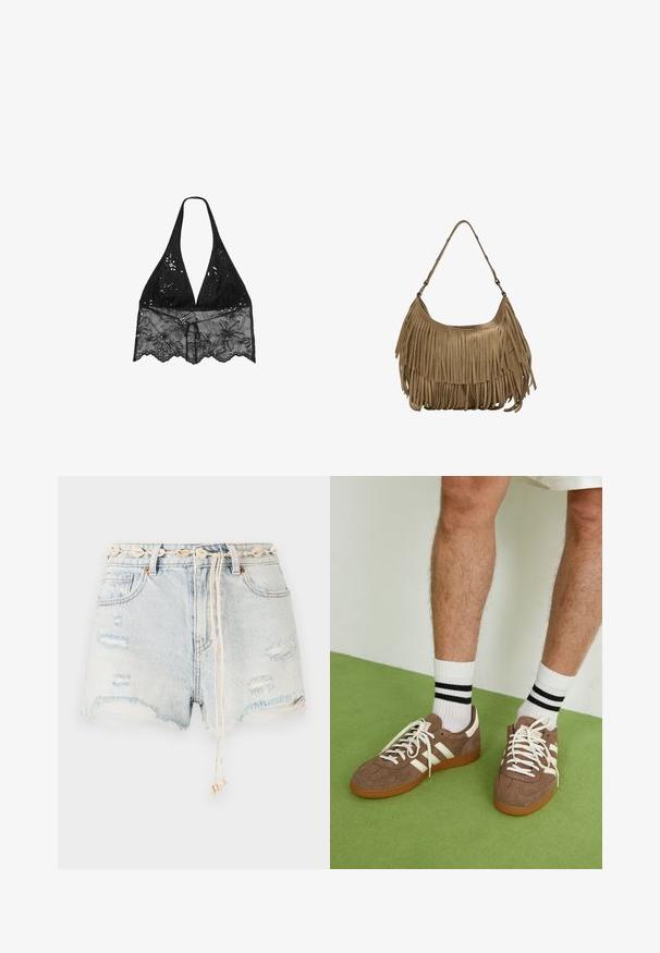 Stradivarius HALTER WITH EMBROIDERY - Bluza - black; Džins šortse u svijetloplavoj boji s izlizanim detaljima i razderanim rubovima. Sadrži dekorativni pojas od školjki i remen s povlačenjem s bež akcentima.; Smeđe nubuk tenisice s bijelim detaljima i vezicama. Gumeni potplat. Nosene s bijelim čarapama s crnim prugama. Zeleno teksturirano pod.; Smešena smeđa suđena torba s dugim resicama, zakrivljenim oblikom i jednim remenom za rame. Ima glatku, teksturiranu površinu.