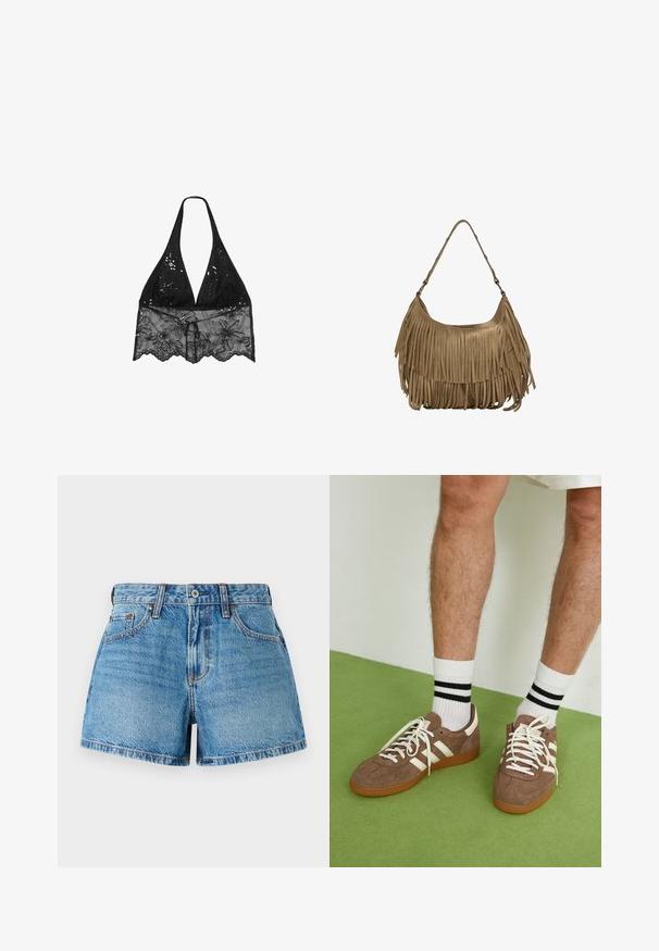 Stradivarius HALTER WITH EMBROIDERY - Bluza - black; Denim kratke hlače v svetlo modri pranju, z visokim pasom, tradicionalnim petim žepom in kontrastnim šivanjem za podrobno teksturo.; Rjavi semiš športni čevlji z belimi detajli in vezalkami. Gumijast podplat. Nošeni z belimi nogavicami z črnimi črtami. Zelena teksturirana talna obloga.; Rjava zamskasta torbica z dolgimi resicami, ukrivljenim oblikovanjem in enim naramnim trakom. Ima gladko, teksturirano površino.