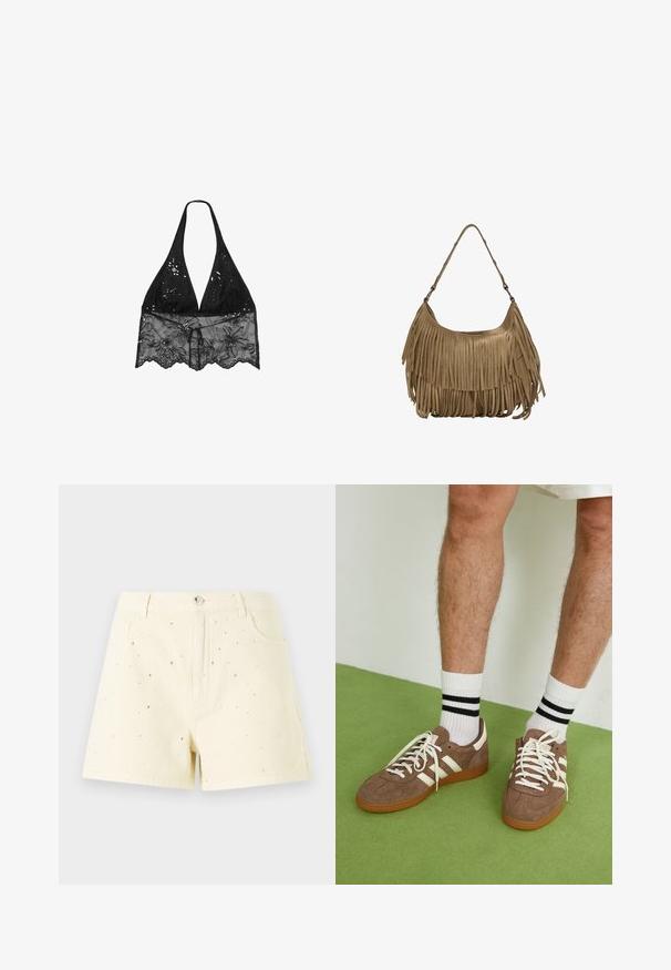 Stradivarius HALTER WITH EMBROIDERY - Blúzka - black; Žlté deninové šortky s vysokým pásom a voľným strihom, s drobnými striebornými cvočkami rozptýlenými po prednej strane ako detail.; Hnedé zamatové tenisky s bielymi akcentmi a šnúrkami. Gumová podrážka. Nosené s bielymi ponožkami so čiernymi pruhmi. Zelená textúrovaná podlaha.; Hnedá zamková kabelka s dlhými strapcami, zakriveným tvarom a jedným ramenným popruhom. Má hladký, textúrovaný povrch.