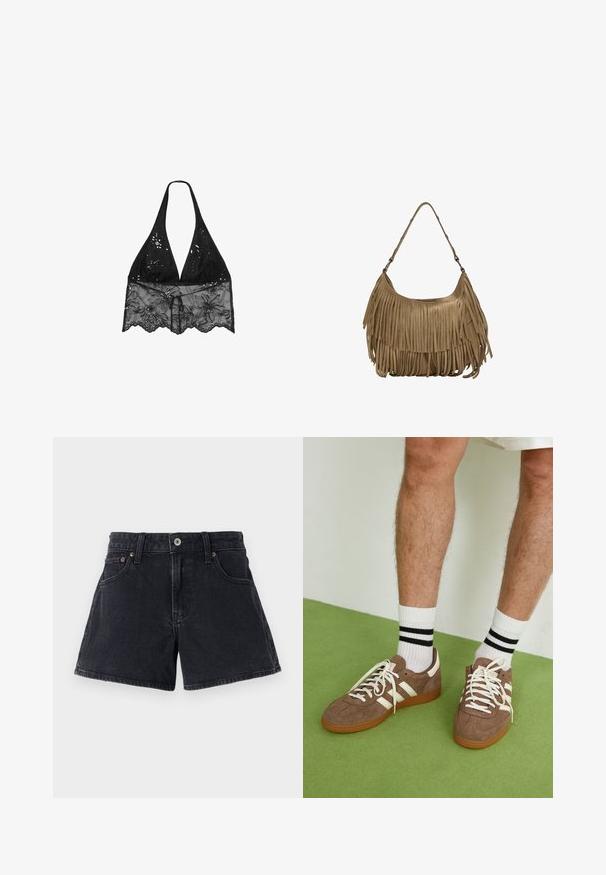 Stradivarius HALTER WITH EMBROIDERY - Camicetta - black; Shorts in denim nero con taglio classico, cinque tasche, chiusura con bottone metallico e cuciture tono su tono. Il tessuto ha una finitura leggermente testurizzata.; Sneaker in suede marrone con dettagli e lacci bianchi. Suola in gomma color gomma. Indossati con calzini bianchi con righe nere. Pavimento verde texturizzato.; Borsa a tracolla in suede marrone con lunghi dettagli in frange, forma curva e una singola tracolla. Presenta una superficie liscia e testurizzata.