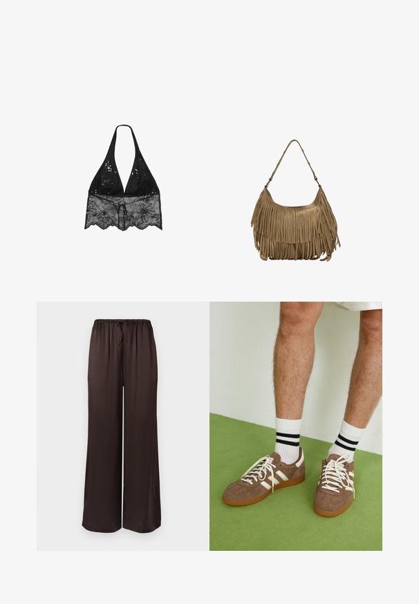 Stradivarius - Bluzka; Czarne, szerokie spodnie z gładkiej tkaniny z elastycznym paskiem i sznurkiem do wiązania. Charakteryzują się luźnym, płynnym krojem.; Brązowe zamszowe sneakersy z białymi akcentami i sznurówkami. Gumowa, brązowa podeszwa. Noszone z białymi skarpetkami w czarne paski. Zielona teksturowana podłoga.; Brązowa torebka z zamszu z długimi frędzlami, o zakrzywionym kształcie i pojedynczym paskiem na ramię. Posiada gładką, teksturowaną powierzchnię.